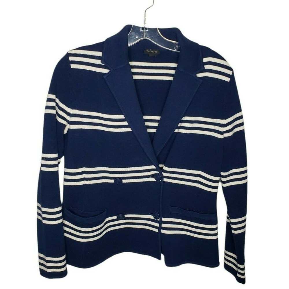 Talbots Knit Sweater Blazer Womens sz Sm petite Stripe navy blue Button Front